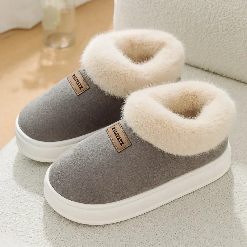 Furry Women Ankle Boots 2024 Winter Non-Slip Thicken Plush Slip-On Soft Sole Warm Cotton Shoes for Couples Platform Snow Boot