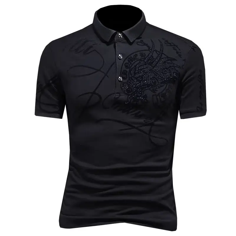 American T-shirt Printed Iron Diamond Slim Short-sleeved Top Business Middle-aged Men's Lapel Black Versatile POLO Shirt Trendy