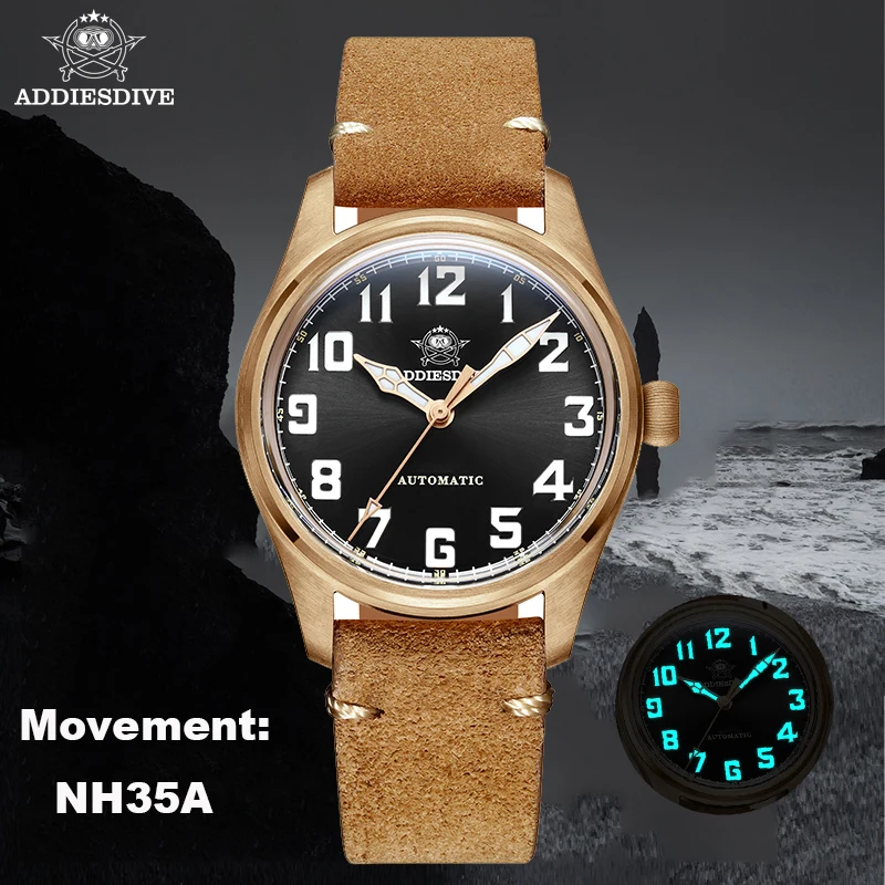 

ADDIESDIVE AD2114 Dive CUSN8 Sollid Real Bronzed Automatic Men Watch NH35A Sapphire Leather Mechanical 200m Luminous Watches