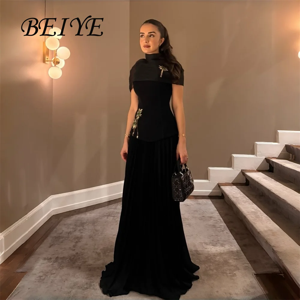 BEIYE – robe de soirée de forme sirène, élégante, noire, musulmane, col haut, manches courtes, plissée, perles, robe de soirée formelle, personnalisée, 2026