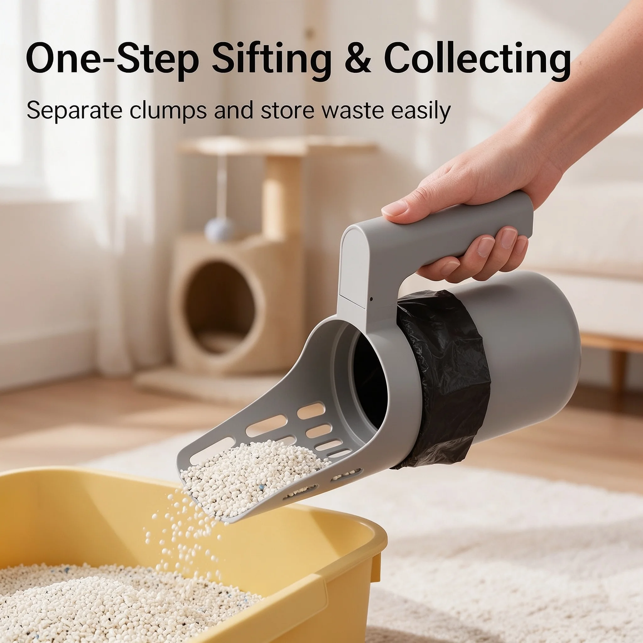 1Pcs Portable Cat Litter Scoop, Built-in Bag Holder, All-in-One Hollow Sifting Pet Sand Shovel