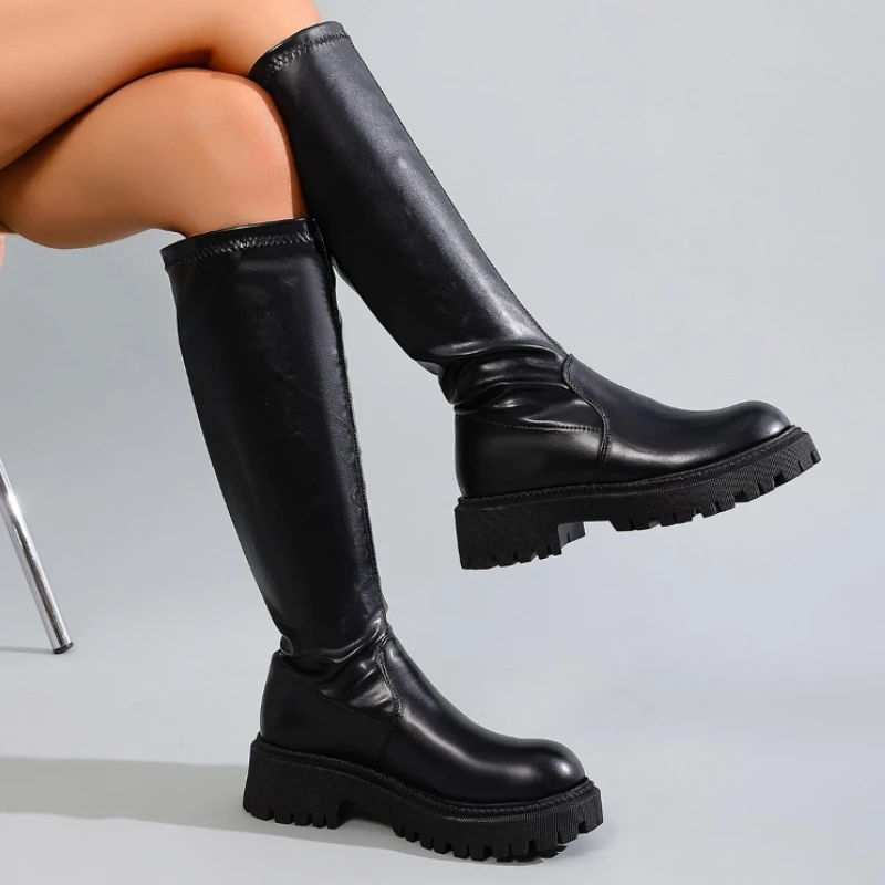 

Осенне-зимние модные женские сапоги до колена на квадратном каблуке, лаконичные туфли без шнуровки из мягкой кожи, современные длинные Botas Para Mujer