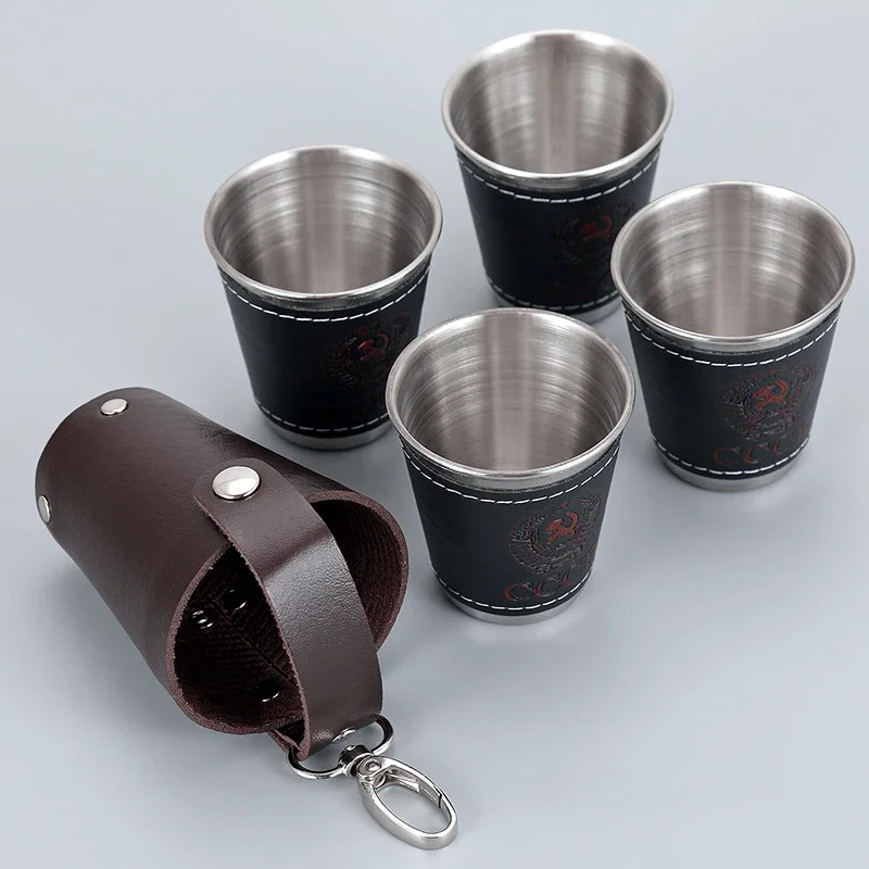 70ml Shot Glass Set 304 Stainless Steel Hip Flask Cup Outdoor Russia Vodka Cup Whiskey Alcohol Shot FlaskWith PU Leather