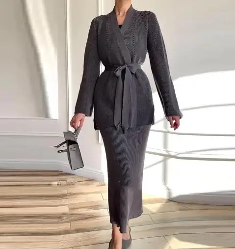 

Autumn New Solid Color V-Neck Drawstring Knit Jacket and High Waisted Straight Tube Skirt Set for Women's Elegant Temperament