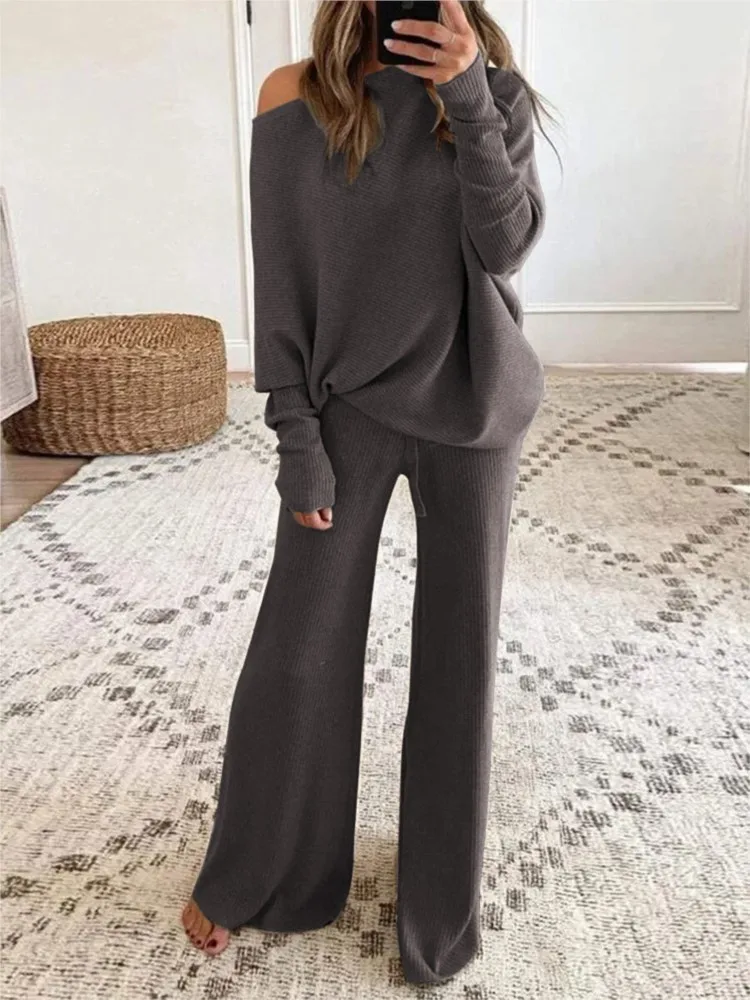 Casual Solid Set For Women Fashion Sexy Off Shoulder Diagonal Collar Loose Tops+High Waist Wide Leg Pants 2 Piece Sets Lady New