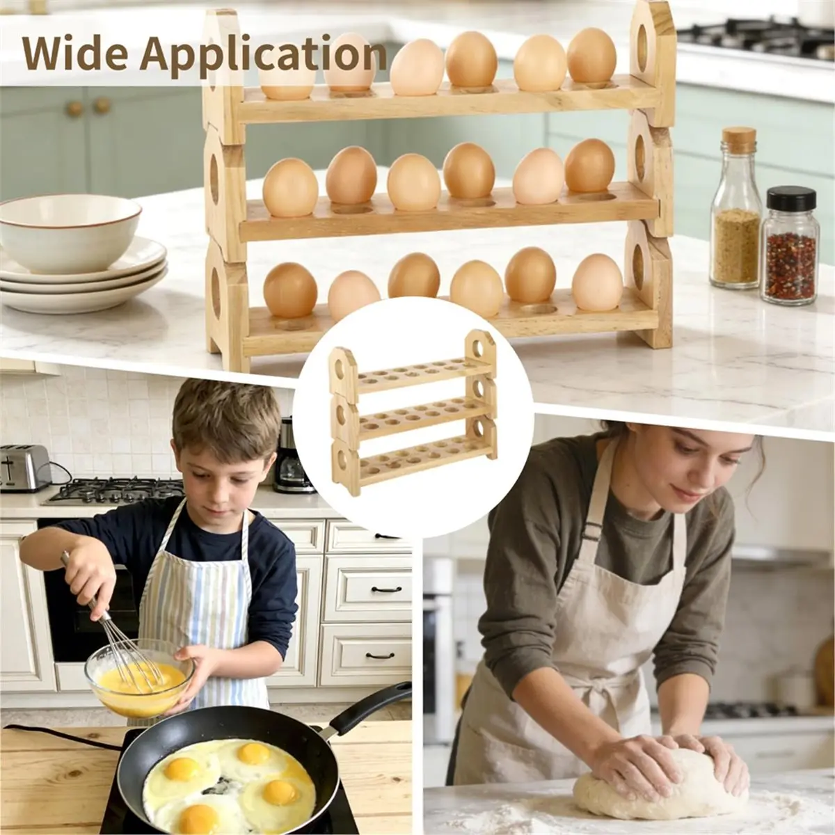 Wooden Egg Holder for Countertop, 3-Tier Stackable Design, Holds 36 Eggs, Ideal for Kitchen Organization
