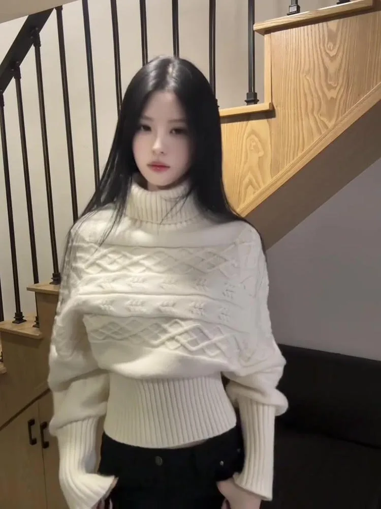 Macio aconchegante gola alta batwing sve camisola feminina outerwear malha inverno preguiçoso sle base irt cintura cinched topo