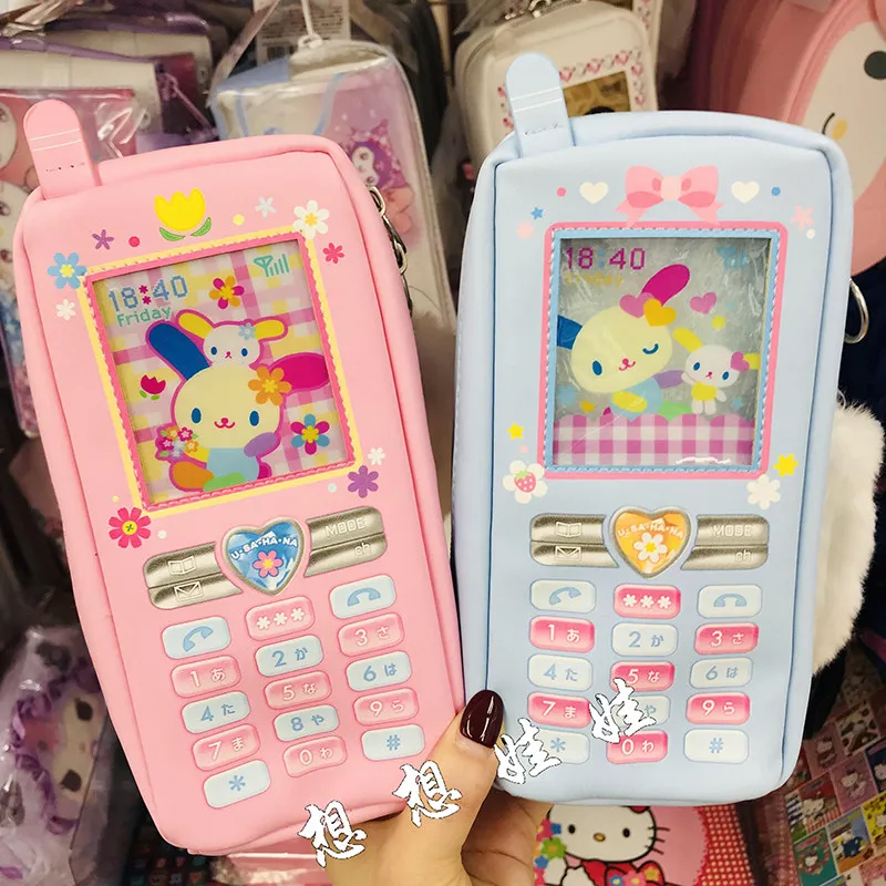 sanrio-usahana-mobile-phone-design-plush-tail-large-capacity-student-pencil-case-and-organizer-cartoon-kawaii-anime-plush-toys