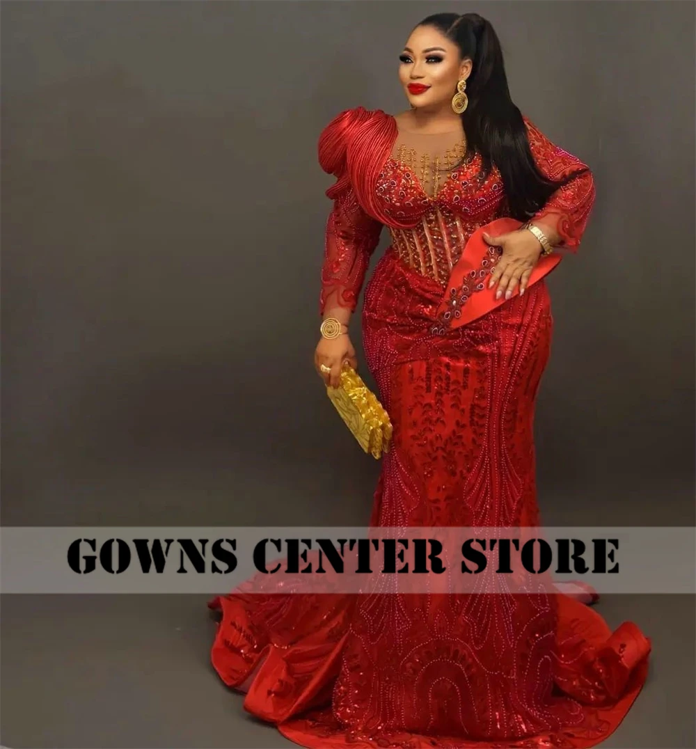 Aso Ebi Red Long Sleeves Mermaid Evening Dress Sparkly Crystals Beads African Wedding Reception Party Gowns Plus Size Customized