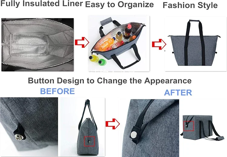 Zusammenklappbare Kühltasche, große Kapazität, Eisbeutel, für den Außenbereich, tragbare Aluminiumfolie, Frischhalte-Picknicktasche, multifunktionale Einkaufstasche – Detail 2