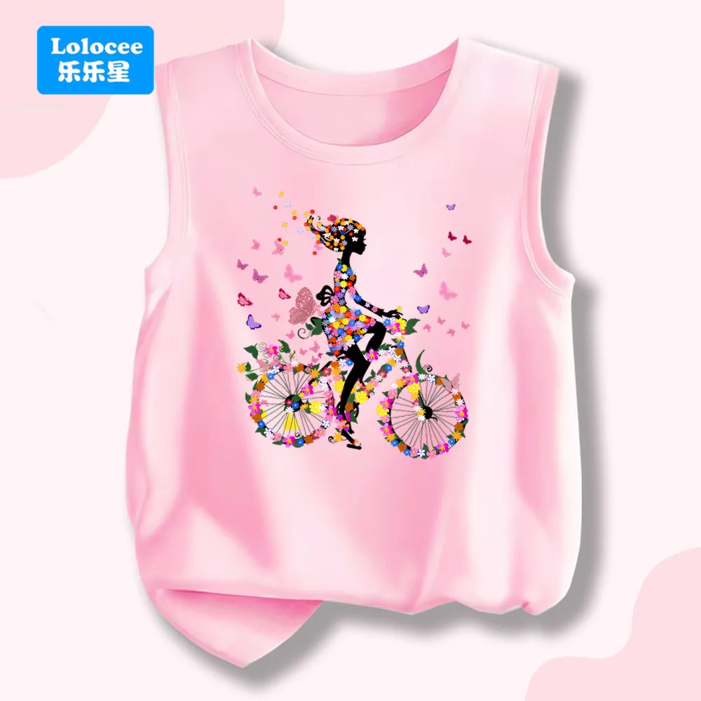 Rosa ärmelloses Tanktop für Mädchen mit Blumenmädchen-Rad- und Schmetterlingsdruck – lässige Sommerweste für Kinder DCHD1