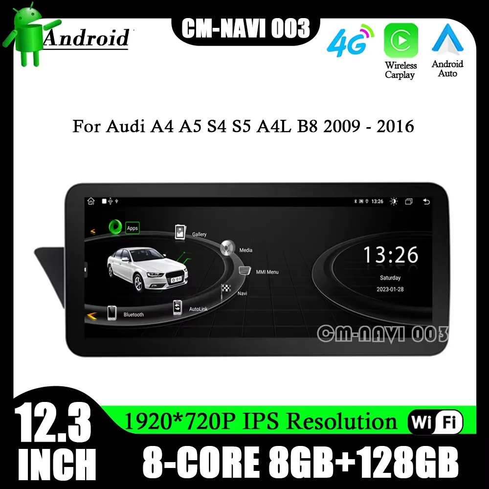 For Audi A4 A5 S4 S5 A4L B8 2009 - 2016 Android 14 Car Player System Multimedia Radio Stereo GPS Navigation Video 4G+WIFI 12.3