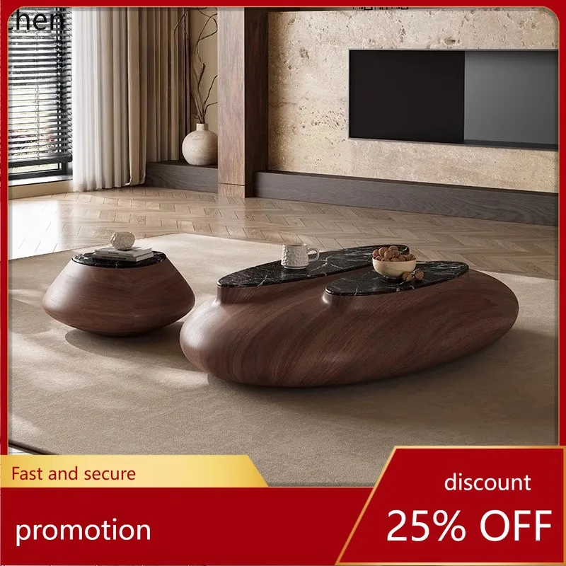 

HXL Black Walnut Wood Veneer Living Room Pebble Oval Marble Coffee Table Set