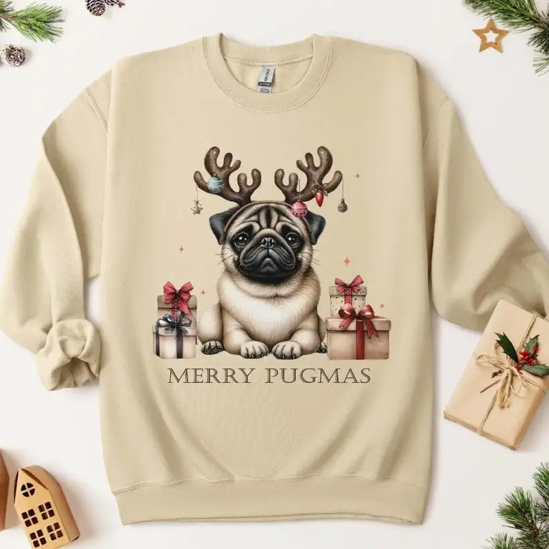 

Women's Tops Merry Pugmas Sweatshirt Cute Christmas Pug Sweater with Santa Hat Holiday Pug Gift for Pug Lovers Cozy Xmas T-Shirt