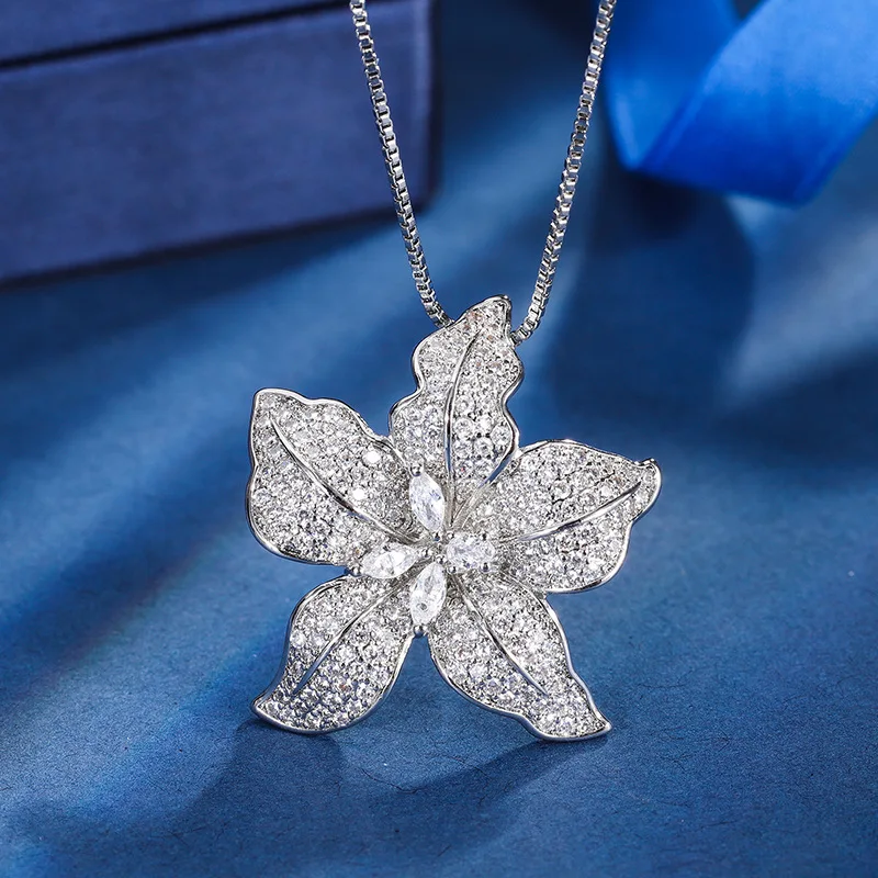 Charms Gold Cubic Zirconia Maple Leaf Flower Luxurious Fashion Earrings Pendant Necklace Women's Jewelry Wedding Gift for Guest