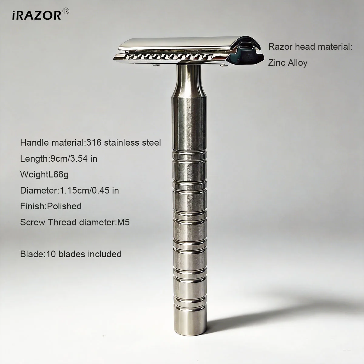 iRAZOR 316 Stainless Steel Double Edge Safety Razor-Heavy Duty Classic Men's Barber Shaving Accessory for Personal Grooming
