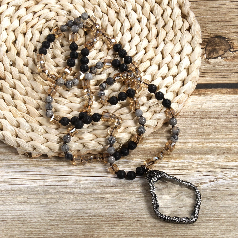 New Fashion Bohemian Women's Jewelry 6mm Natural Stone Glass Knot Necklace Rhinestone Edge Glass Drop Pendant Necklace
