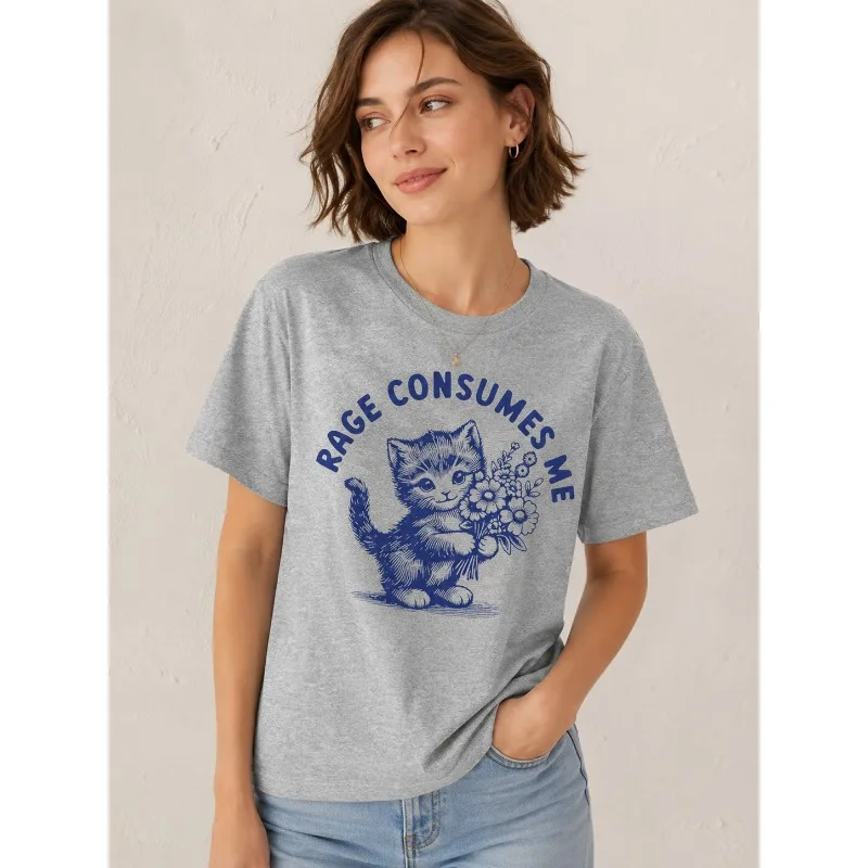 Rage Consules Me Cat Printed Cute Kitten Fans Summer T-shirt Humorous and Interesting Kitten Pattern Short Sleeve Women Clothing