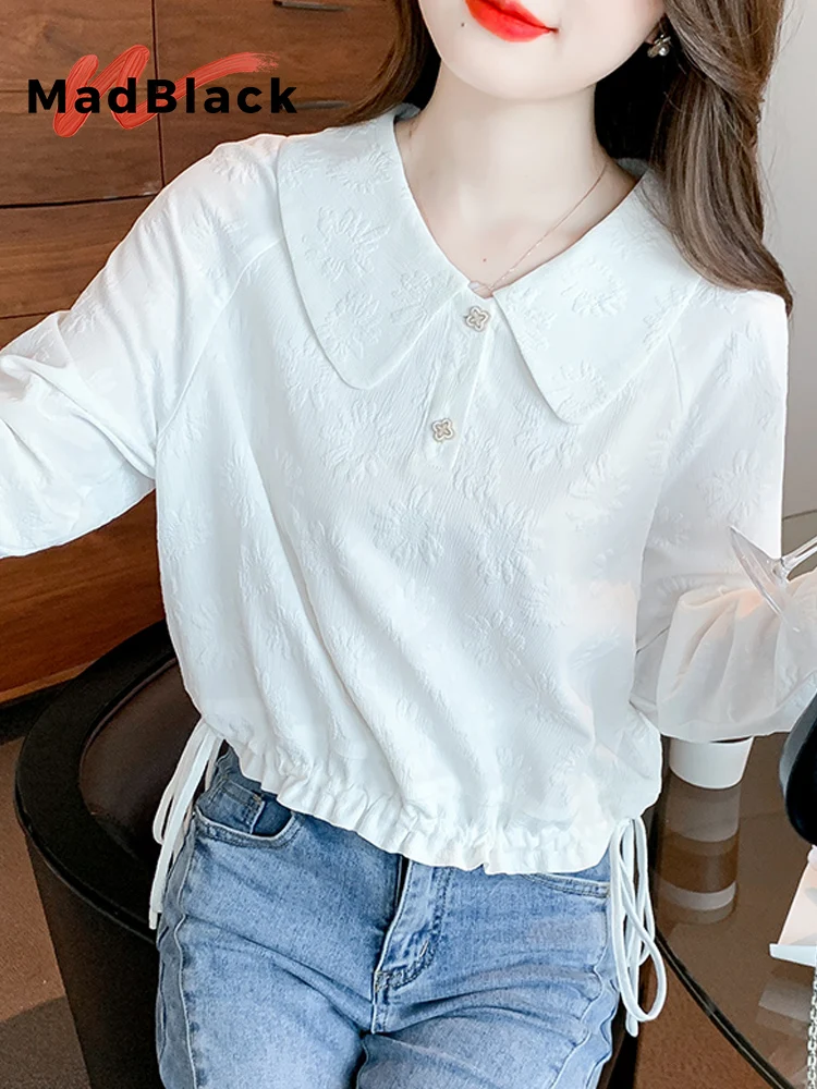 

MadBlack-Женская европейская рубашка, сексуальная лоскутная вышивка с воротником-поло, уличная свободная блузка с длинными рукавами, весна 2026 T5D666CC