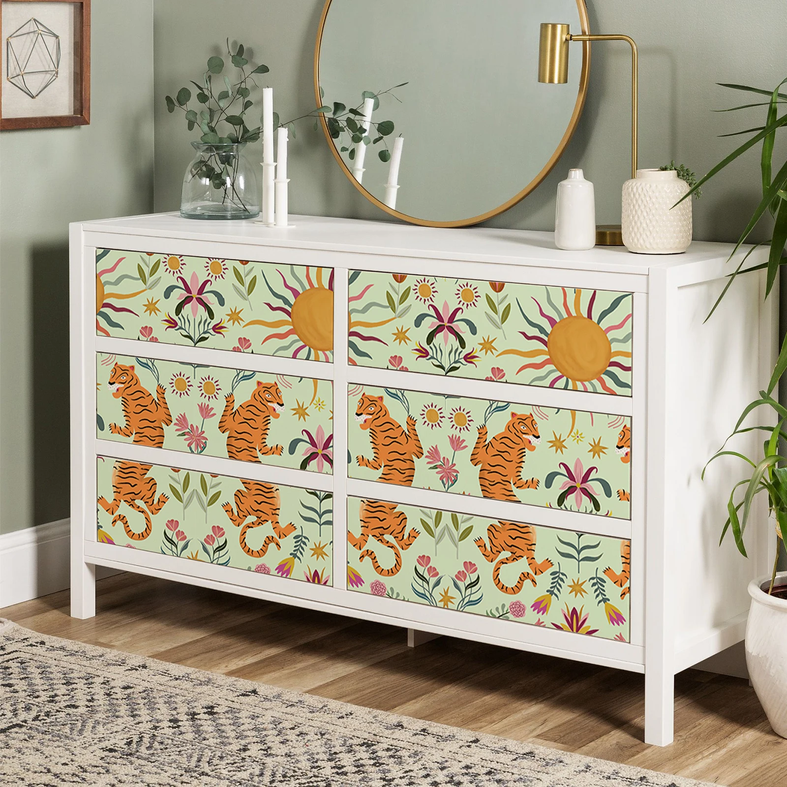 Green Cartoon Jumping Tiger Wallpaper Self Adhesive Fun Animal Wall Decals for Nursery Waterproof Peel and Stick Wall Art