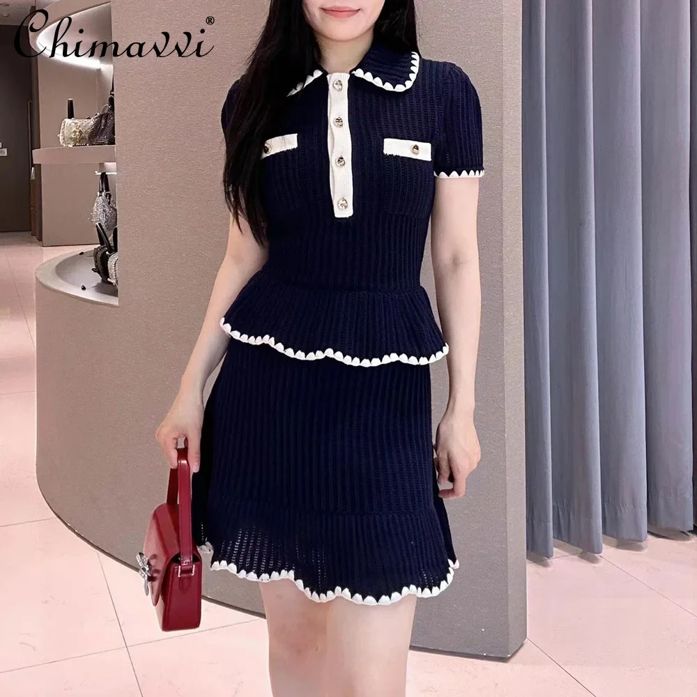 

2024 Autumn New French Navy Blue Ruffle Edge Handmade Hook Edge Short Sleeve Knitted Dress Elegant Women's Slim Short Dress