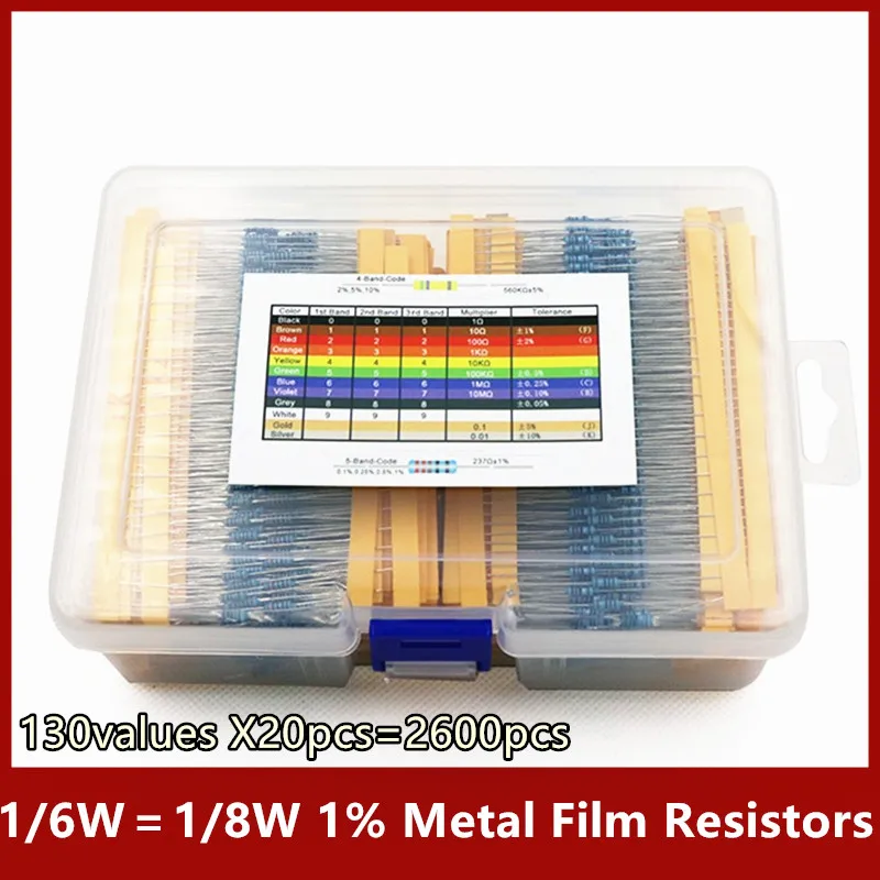 130values X20pcs=2600pcs 1/6W＝1/8W 0.125W 1%Metal Film Resistors Assorted Pack Kit Set Resistors Assortment Kits 1R 100R 2K 2.4K