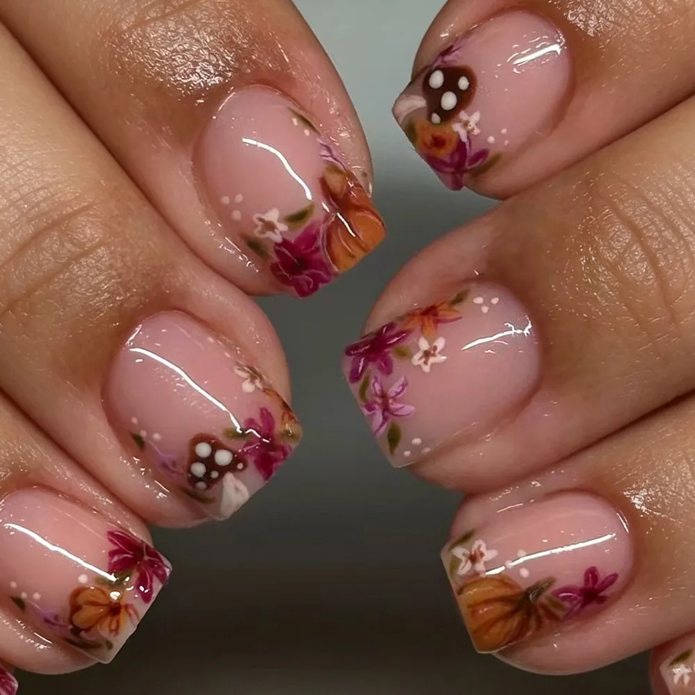 Pumpkin Nails Press on Nails Maple Leafs Fake Nails Reusable Finished Full Cover Nails Tips False Nails mushroom Press on Nails