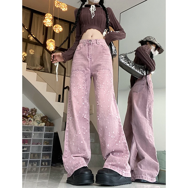 

WCFCX STUDIO Pink Straight Slim Full Length Jeans Autumn Streetwear Solid Color High Waist Loose Fashion Women Wide Leg Pants