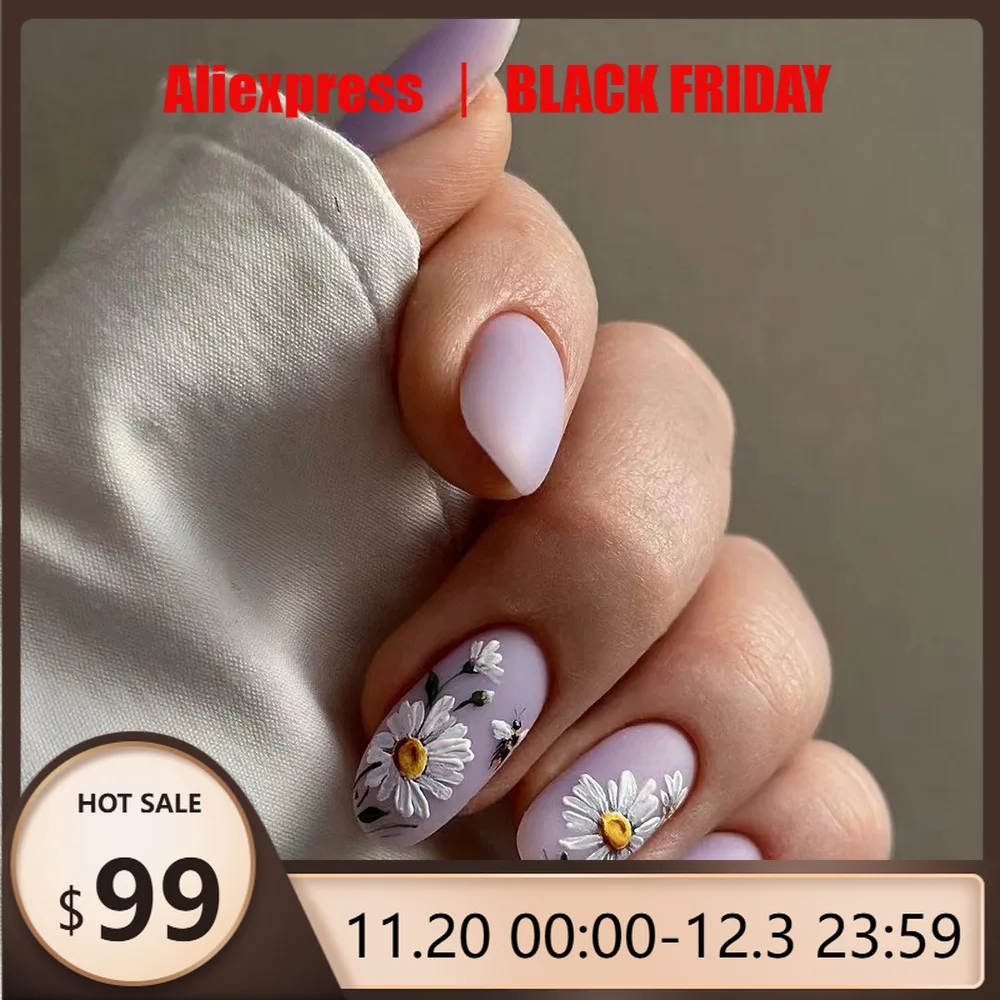 

24 шт./кор. накладные ногти Ins-стиль, цветы ромашки и маленькие пчелы фиолетового цвета, однотонные короткие стильные накладные ногти, подходят для женщин