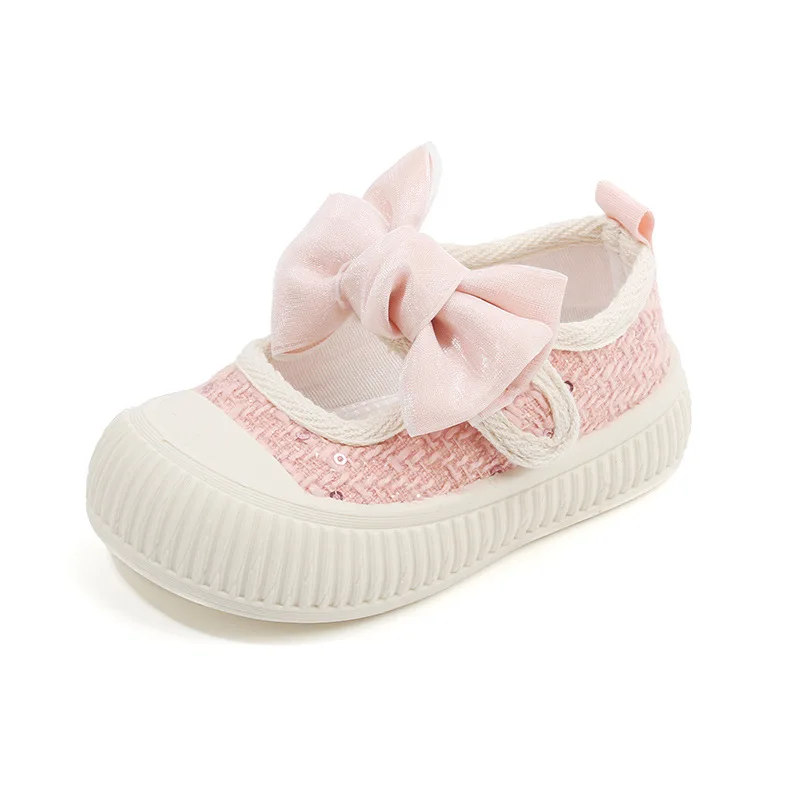 2024 Spring Shallow Girls Shoes Sweet Bow Kids Princess Shoes Breathable Casual Flat Shoes Soft Anti Slip Children Canvas Shoe