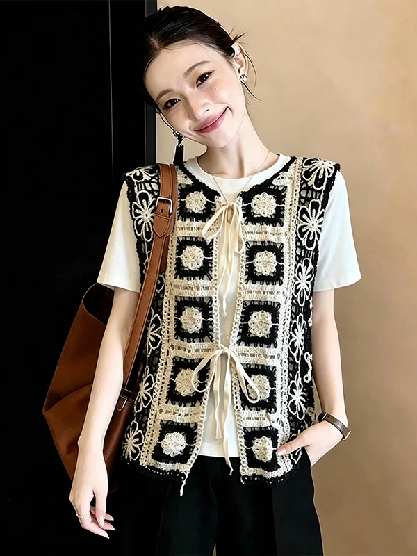 

Loose Lace Hollow out Summer New Style Women's Cardigan Top with Belt Large Size 2026 round Neck Plant Floral Patterned