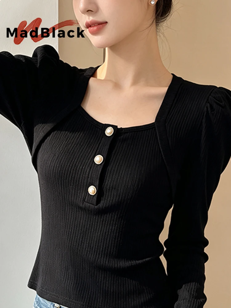 MadBlack-Women European T-Shirt, Sexy Square Collar Buttons, Workwear Long Sleeve Slim M-2XL Knit Tee, 2026 Autumn New T69409CC