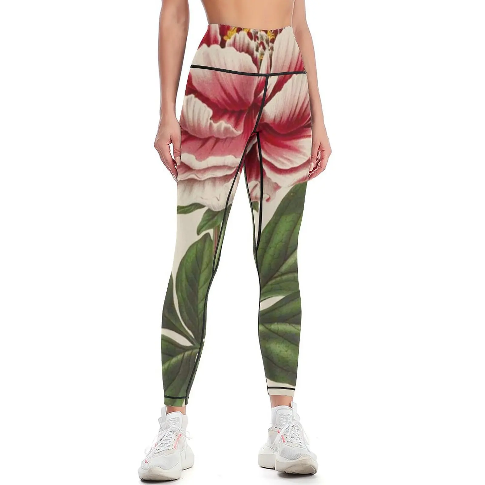 peony large watercolour antique vintage retro design restored print Leggings Fitness's gym clothes Womens Leggings