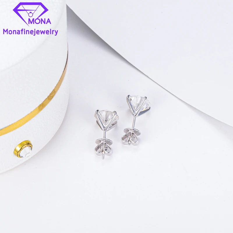 Simple Style White 14K Gold Round Moissanite Stud Earring Main Stone 2ct Round Cut 8mm Moissanite