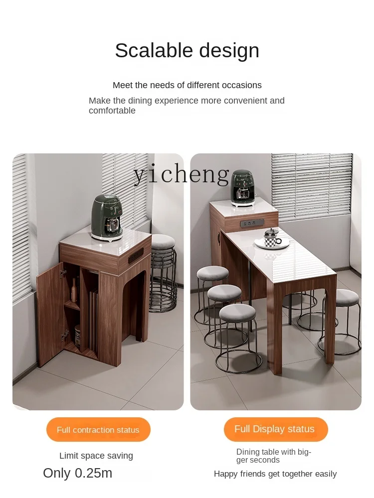 Yy Folding Dining Table Integrated Retractable Stone Plate Kitchen Island Household Small Apartment Modern Minimalist