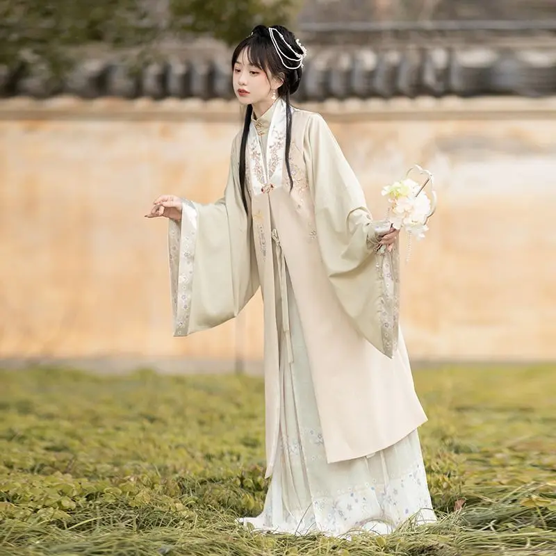 Green Clothes[Yunzi]Ming Dynasty Hanfu Women's Embroidery Bijia Standing Collar Double Breasted Long Shirt Hundred Layer Skirt
