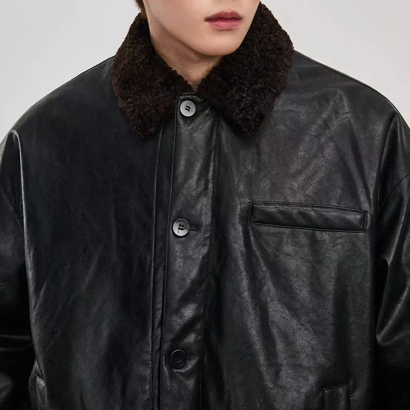 الرجال الشتاء الصوف بطانة فضفاضة عادية سميكة الدافئة سترة جلدية البضائع رجل الشارع الشهير موضة دراجة نارية سترة معطف ملابس خارجية #3
