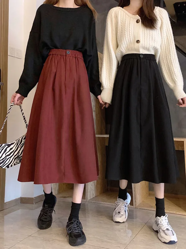 2023 Autumn New Fashion Korean Edition Elastic Waist Slim Mid length A-line Skirt Half skirt Women's Vintage Wine Red Skirt T6UC