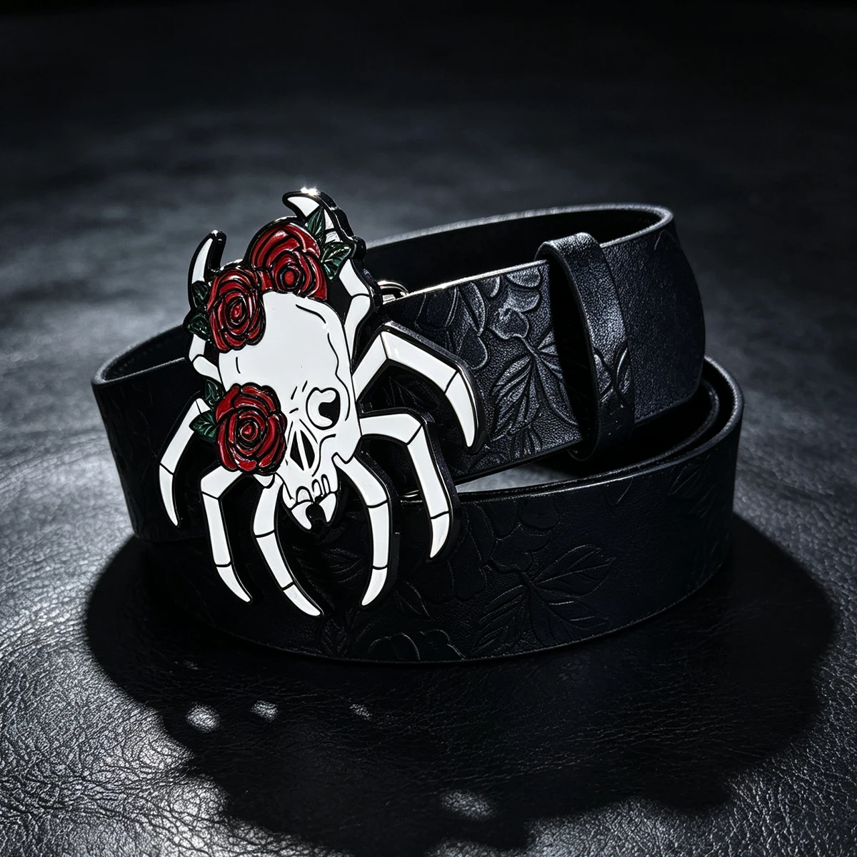The ghost head element pistol craftsmanship Lion Spider Snake buckle Black Flower PU embossed button Gothic Women and men's belt view 4