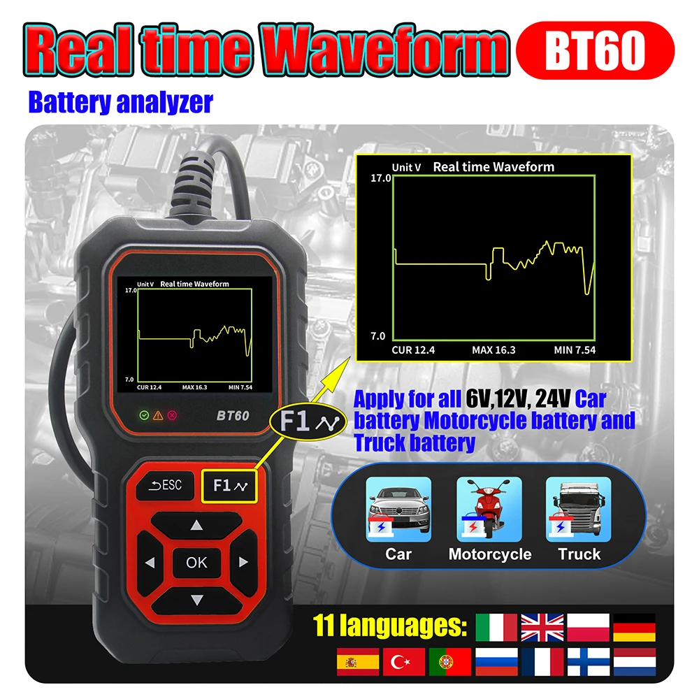 12V/24V BT60 Car Battery Tester Digital Auto Battery Analyzer Charging Cranking Tester for Car Truck Motorcyle Vehicle RV