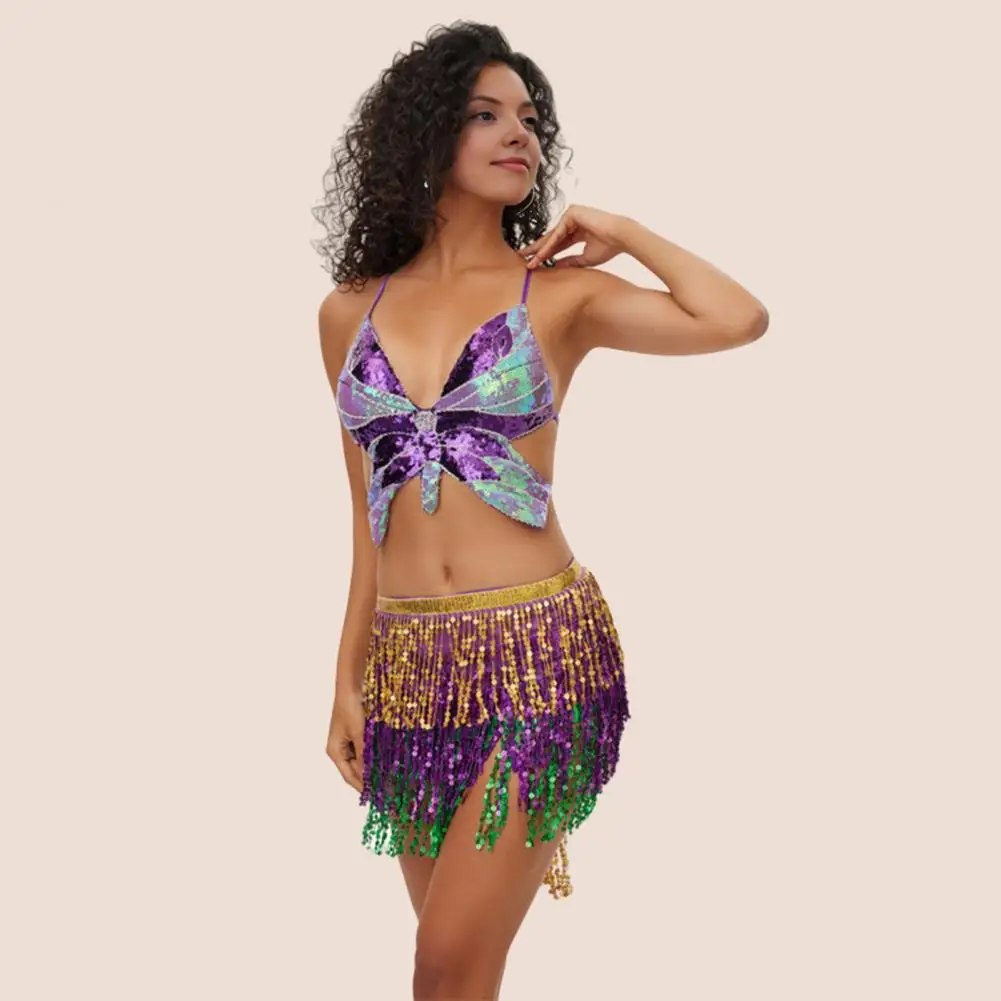 2025 Pailletten Buikdans Rok Laag Kwastje Hippe Sjaal Boheemse Elastische Taille Party Indian Latin Hula Danser Prestaties Jurk