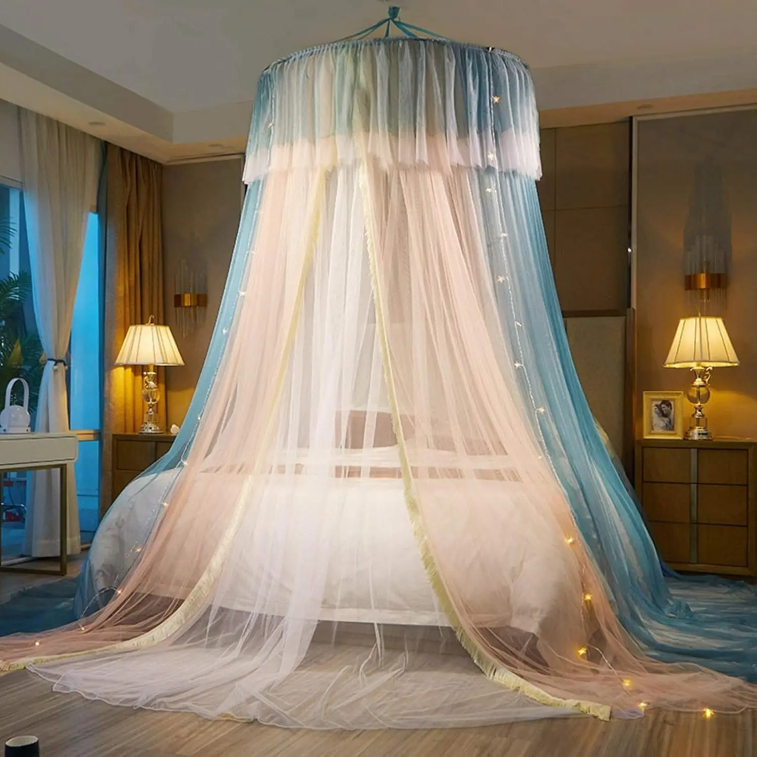 Vethin Princess Bed Canopy For Girls,Bed Canopy Curtain- Double Layer Sheer Mesh Dome Bed Curtain- Round Lace Princess Mosquito