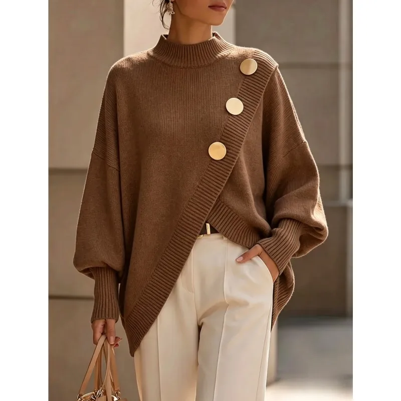 Elegant Irregular Turtleneck Sweater Women Autumn Winter Warm Plush Knitted Pullover Woman Metal Button Decor Knitwear Tops