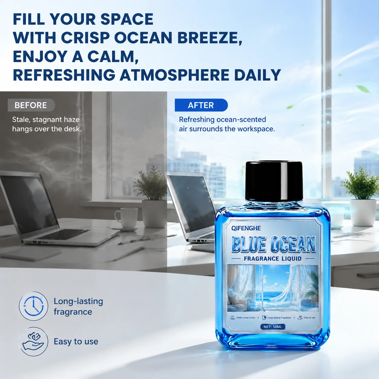 Long Lasting Blue Ocean Scent Room Diffuser Liquid for Office Desk Bedroom Gym Clear Musty Haze 50ml Pack