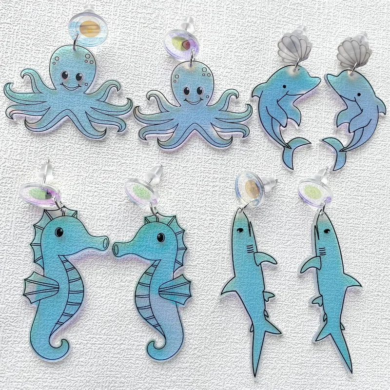 1 Pair Creative Acrylic Octopus Dolphin Seahorse Shark Earrings Marine Animal Novelty Jewelry Suitable for Women's Gifts for Her