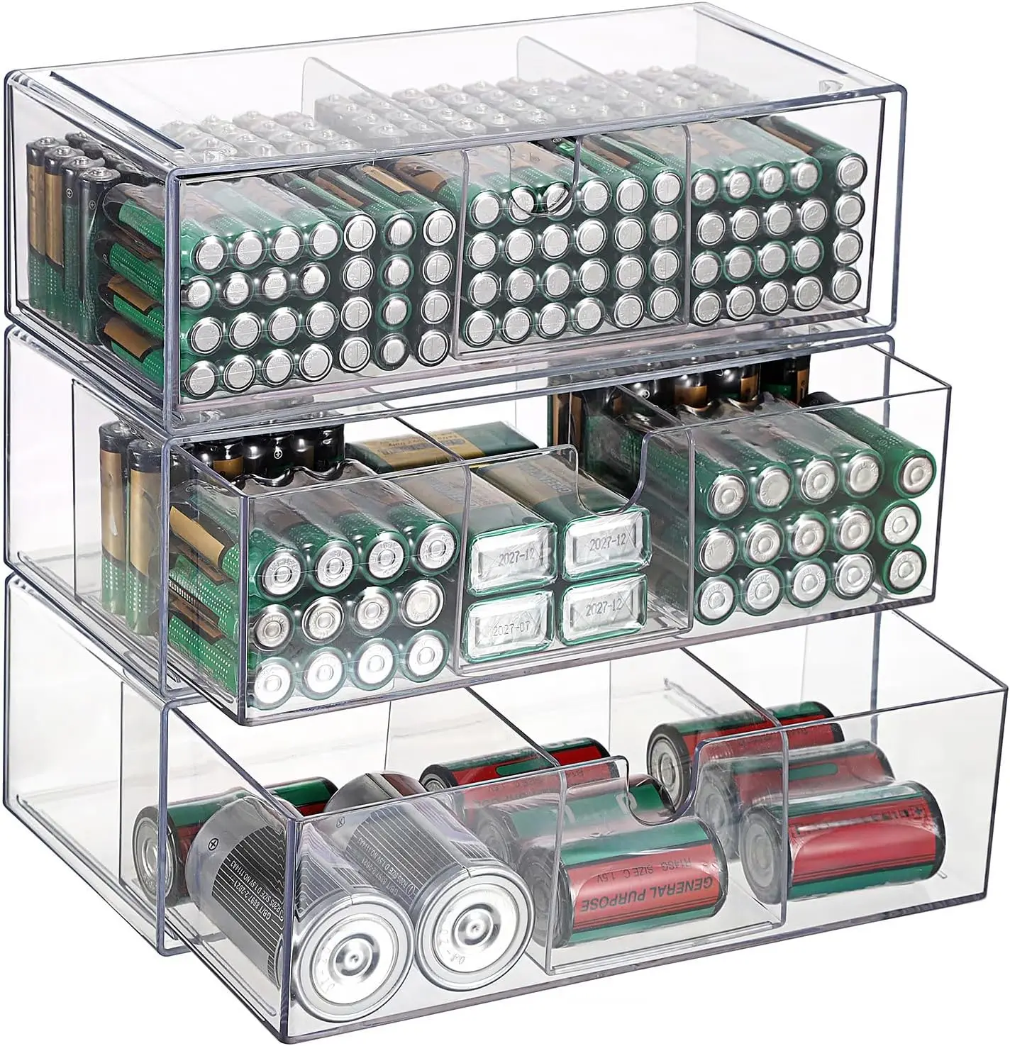 

Набор из 3 прозрачных акриловых органайзеров для хранения батареек AA, AAA, 9V, C, D, батарейки в комплект не входят (2)
