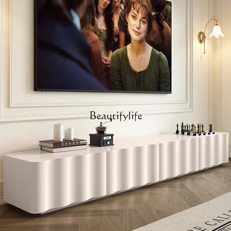 

French retro wave TV cabinet living room white rounded corners simple modern cream wind floor TV cabinet