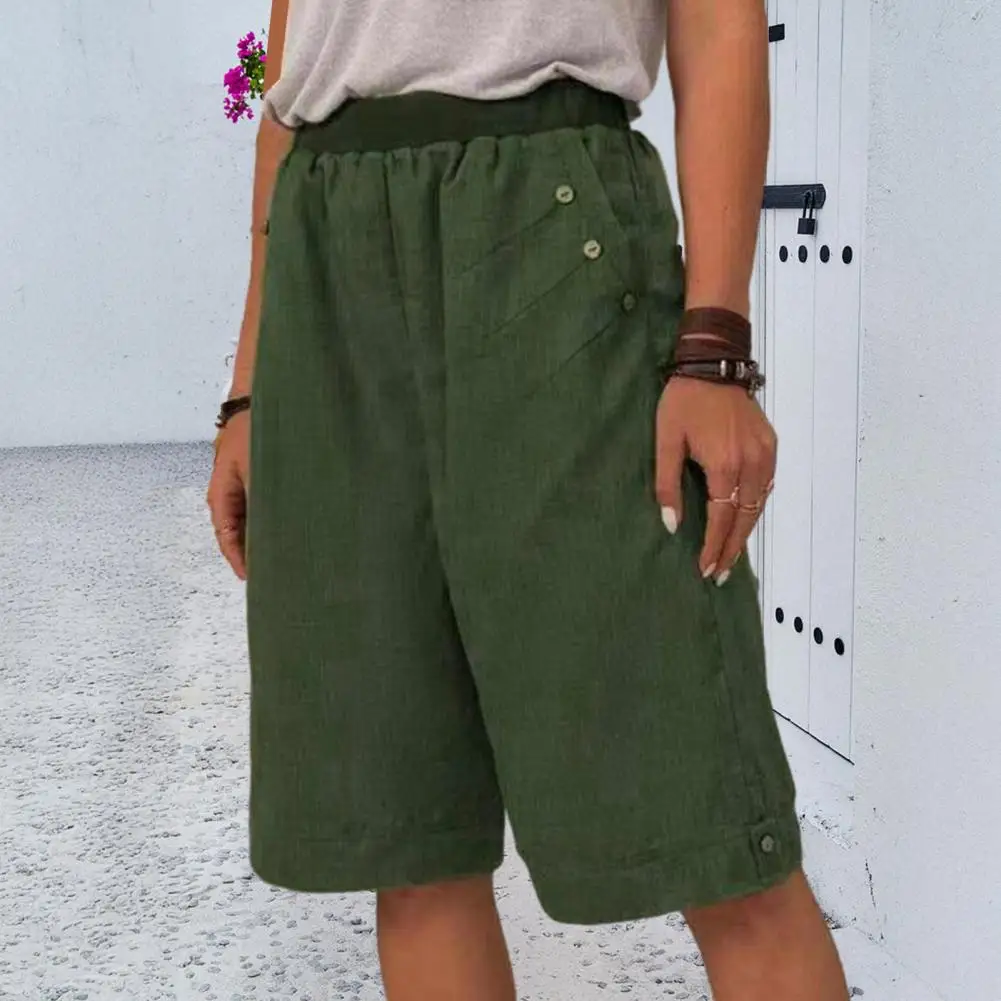 2026 Women Sporty Bottoms Summer Shorts Elastic Waist Mid-rise Sporty Style Shorts Solid Color Straight Wide Leg Shorts 80%