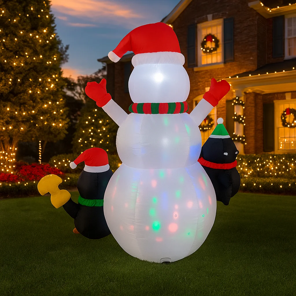 ของตกแต่งคริสต์มาสเป่าลมรูปมนุษย์หิมะและเพนกวินขนาด 6.8 ฟุต พร้อมไฟ LED สำหรับตกแต่งบ้านและสวน ของเล่นตกแต่งคริสต์มาสกลางแจ้ง