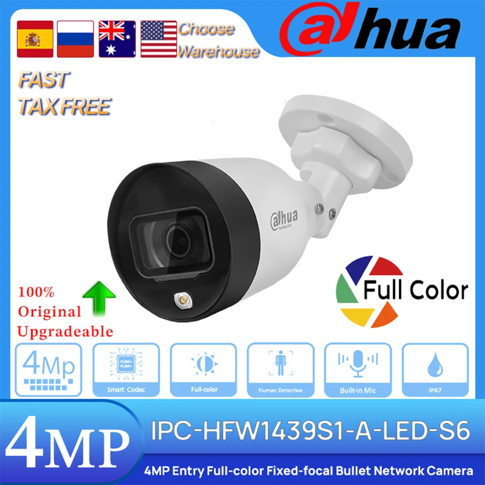 Dahua Original IPC-HFW1439S1-A-LED-S6 4MP Entry Full-color Fixed-focal Bullet POE Network IP Camera Human Detection Built in Mic